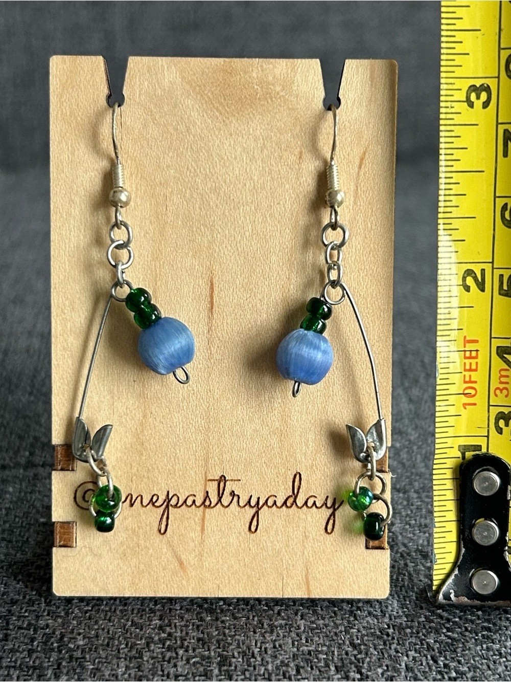 Handcrafted Safety Pin Earrings with Colorful Beads, Silver, Blue, Green - Picture 8 of 15